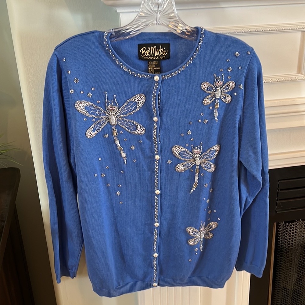 Bob Mackie Wearable Art dragonfly pearl button blue cardigan sweater